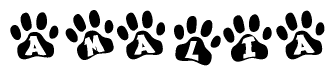 The image shows a series of animal paw prints arranged horizontally. Within each paw print, there's a letter; together they spell Amalia