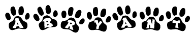 The image shows a row of animal paw prints, each containing a letter. The letters spell out the word Abryant within the paw prints.