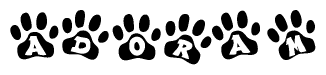 The image shows a series of animal paw prints arranged in a horizontal line. Each paw print contains a letter, and together they spell out the word Adoram.