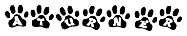 The image shows a series of animal paw prints arranged horizontally. Within each paw print, there's a letter; together they spell Aturner