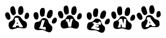 The image shows a series of animal paw prints arranged in a horizontal line. Each paw print contains a letter, and together they spell out the word Alvena.