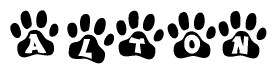 The image shows a series of animal paw prints arranged horizontally. Within each paw print, there's a letter; together they spell Alton