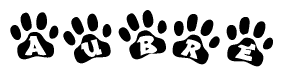 The image shows a row of animal paw prints, each containing a letter. The letters spell out the word Aubre within the paw prints.