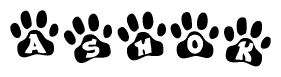 The image shows a series of animal paw prints arranged horizontally. Within each paw print, there's a letter; together they spell Ashok