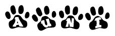The image shows a row of animal paw prints, each containing a letter. The letters spell out the word Auni within the paw prints.