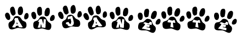 The image shows a row of animal paw prints, each containing a letter. The letters spell out the word Anjanette within the paw prints.