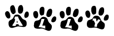 The image shows a row of animal paw prints, each containing a letter. The letters spell out the word Ally within the paw prints.