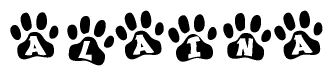 The image shows a series of animal paw prints arranged horizontally. Within each paw print, there's a letter; together they spell Alaina