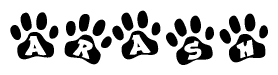 The image shows a row of animal paw prints, each containing a letter. The letters spell out the word Arash within the paw prints.