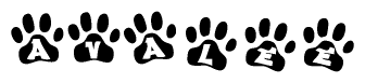 The image shows a series of animal paw prints arranged in a horizontal line. Each paw print contains a letter, and together they spell out the word Avalee.