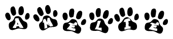The image shows a series of animal paw prints arranged in a horizontal line. Each paw print contains a letter, and together they spell out the word Amelie.