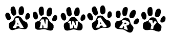 The image shows a series of animal paw prints arranged in a horizontal line. Each paw print contains a letter, and together they spell out the word Anwary.