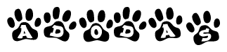 The image shows a series of animal paw prints arranged horizontally. Within each paw print, there's a letter; together they spell Adodas