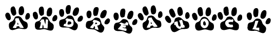 The image shows a row of animal paw prints, each containing a letter. The letters spell out the word Andreauocl within the paw prints.