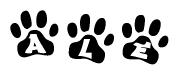 The image shows a series of animal paw prints arranged horizontally. Within each paw print, there's a letter; together they spell Ale