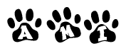 The image shows a series of animal paw prints arranged horizontally. Within each paw print, there's a letter; together they spell Ami