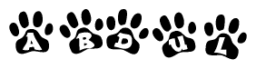The image shows a row of animal paw prints, each containing a letter. The letters spell out the word Abdul within the paw prints.