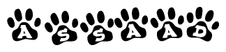 The image shows a series of animal paw prints arranged horizontally. Within each paw print, there's a letter; together they spell Assaad