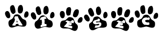 The image shows a series of animal paw prints arranged horizontally. Within each paw print, there's a letter; together they spell Aiesec