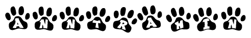 The image shows a series of animal paw prints arranged horizontally. Within each paw print, there's a letter; together they spell Anntrahin