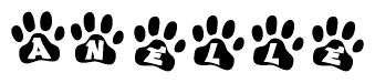The image shows a series of animal paw prints arranged in a horizontal line. Each paw print contains a letter, and together they spell out the word Anelle.