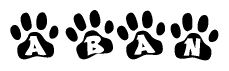 The image shows a series of animal paw prints arranged in a horizontal line. Each paw print contains a letter, and together they spell out the word Aban.