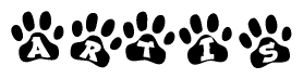 The image shows a series of animal paw prints arranged in a horizontal line. Each paw print contains a letter, and together they spell out the word Artis.