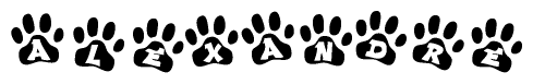 The image shows a series of animal paw prints arranged horizontally. Within each paw print, there's a letter; together they spell Alexandre