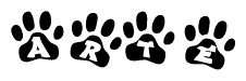 The image shows a row of animal paw prints, each containing a letter. The letters spell out the word Arte within the paw prints.