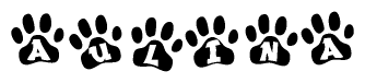 The image shows a series of animal paw prints arranged horizontally. Within each paw print, there's a letter; together they spell Aulina