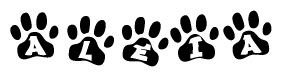 The image shows a row of animal paw prints, each containing a letter. The letters spell out the word Aleia within the paw prints.