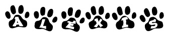 The image shows a row of animal paw prints, each containing a letter. The letters spell out the word Alexis within the paw prints.