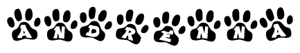 The image shows a row of animal paw prints, each containing a letter. The letters spell out the word Andrenna within the paw prints.