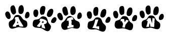 The image shows a row of animal paw prints, each containing a letter. The letters spell out the word Arilyn within the paw prints.