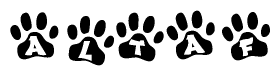 The image shows a row of animal paw prints, each containing a letter. The letters spell out the word Altaf within the paw prints.