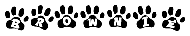 The image shows a series of animal paw prints arranged in a horizontal line. Each paw print contains a letter, and together they spell out the word Brownie.