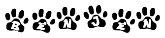 The image shows a series of animal paw prints arranged horizontally. Within each paw print, there's a letter; together they spell Benjen