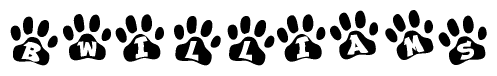 The image shows a series of animal paw prints arranged in a horizontal line. Each paw print contains a letter, and together they spell out the word Bwilliams.