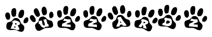 The image shows a row of animal paw prints, each containing a letter. The letters spell out the word Buzzardz within the paw prints.