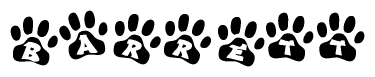 The image shows a series of animal paw prints arranged in a horizontal line. Each paw print contains a letter, and together they spell out the word Barrett.