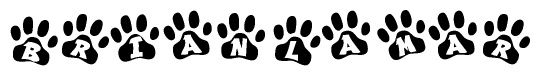 The image shows a row of animal paw prints, each containing a letter. The letters spell out the word Brianlamar within the paw prints.