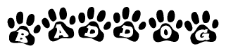 The image shows a row of animal paw prints, each containing a letter. The letters spell out the word Baddog within the paw prints.