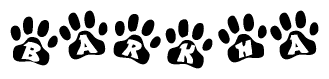 The image shows a series of animal paw prints arranged horizontally. Within each paw print, there's a letter; together they spell Barkha