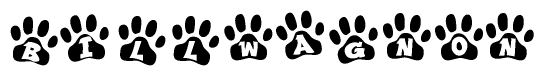The image shows a row of animal paw prints, each containing a letter. The letters spell out the word Billwagnon within the paw prints.