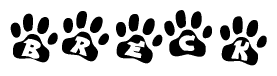 The image shows a row of animal paw prints, each containing a letter. The letters spell out the word Breck within the paw prints.