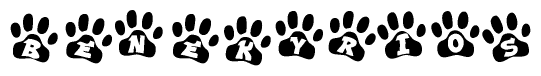The image shows a row of animal paw prints, each containing a letter. The letters spell out the word Benekyrios within the paw prints.