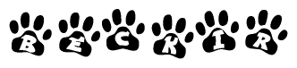 The image shows a series of animal paw prints arranged horizontally. Within each paw print, there's a letter; together they spell Beckir