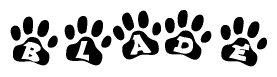 The image shows a series of animal paw prints arranged horizontally. Within each paw print, there's a letter; together they spell Blade