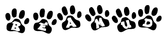 The image shows a series of animal paw prints arranged in a horizontal line. Each paw print contains a letter, and together they spell out the word Beamud.