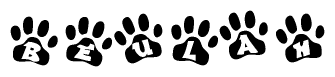 The image shows a series of animal paw prints arranged in a horizontal line. Each paw print contains a letter, and together they spell out the word Beulah.